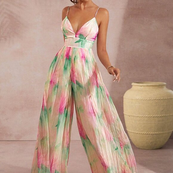 Multicolor Boho Women's Print Plunging Neck Wide Leg Cami Jumpsuit